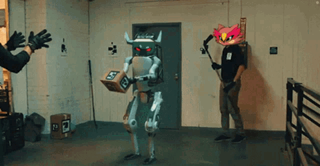 a robot carrying a box that says ' ss ' on it