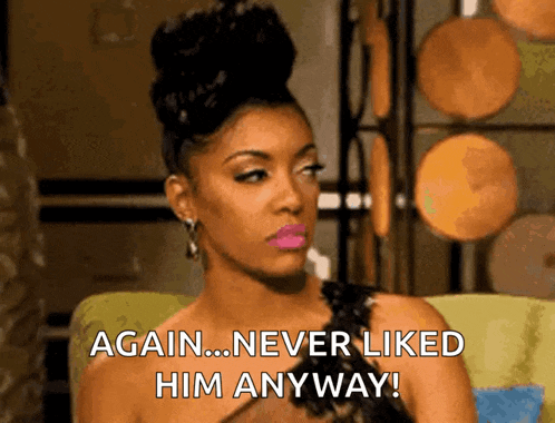 a woman is sitting in a chair and saying " again ... never liked him anyway ! "