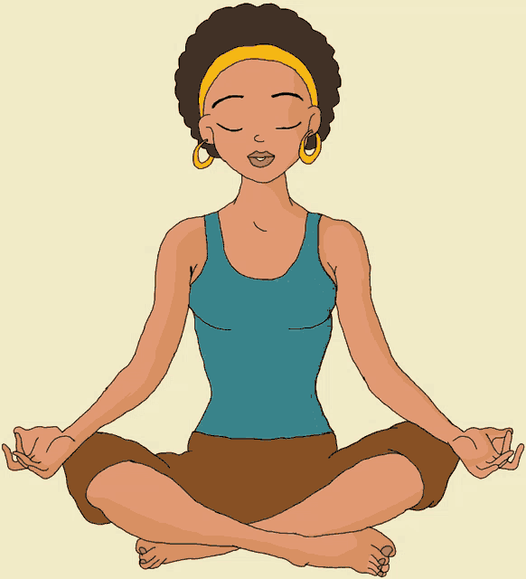 a cartoon drawing of a woman in a lotus position with her eyes closed