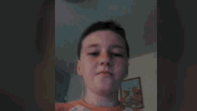 a young boy in an orange shirt is looking at the camera