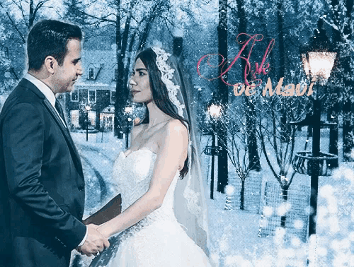 a bride and groom holding hands in front of a sign that says ask ve mavi