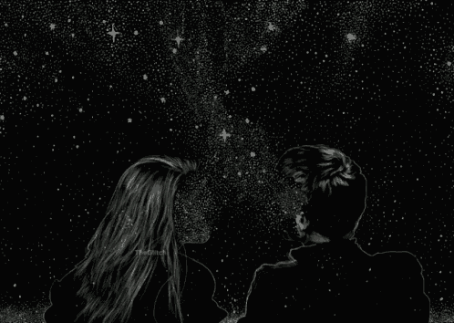 a drawing of a man and a woman looking up at the stars
