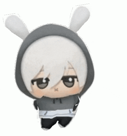 a stuffed animal with white hair and bunny ears is wearing a grey hoodie .