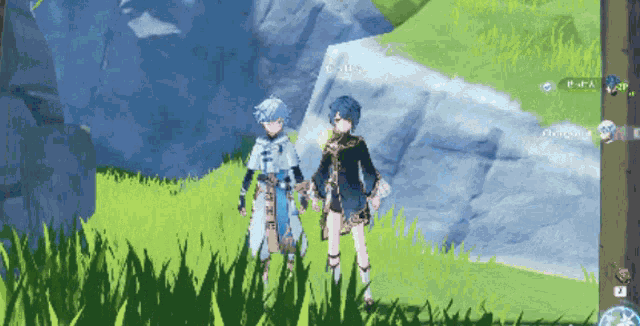 a screenshot of a video game shows two characters standing next to each other in the grass