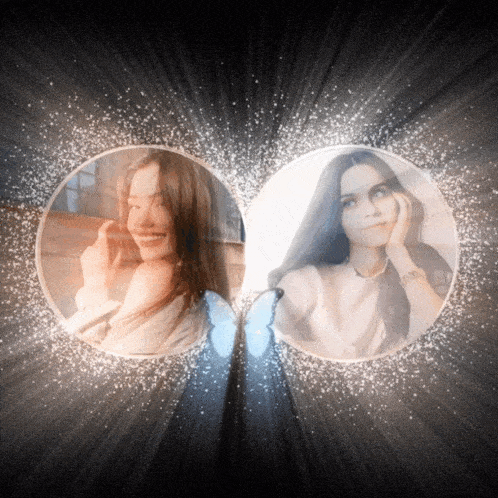 two pictures of a woman in circles with a butterfly between them