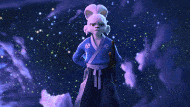 a cartoon character is wearing a blue kimono