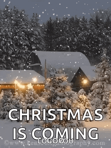 a picture of a house covered in snow with the words christmas is coming below it