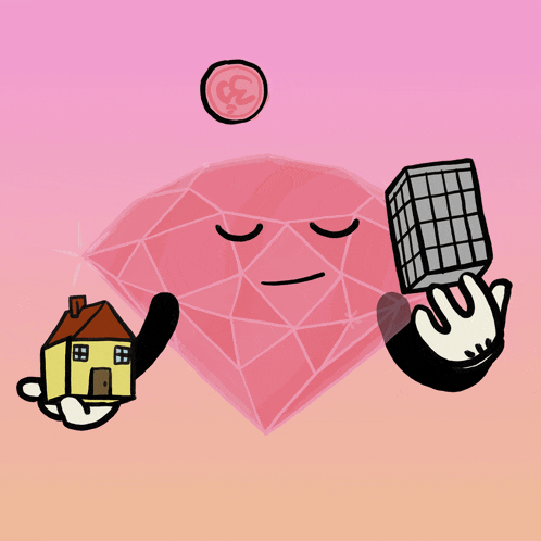 a cartoon drawing of a diamond with a house and a building on its head