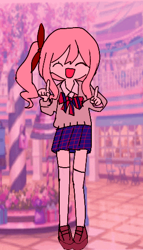 a drawing of a girl with pink hair and a plaid skirt giving a peace sign