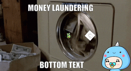 a picture of a washing machine with the words money laundering bottom text below it