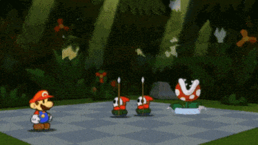a video game scene with mario and piranha plant players