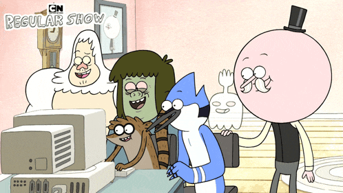 a cartoon of regular show characters looking at a computer screen