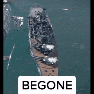a large ship is floating in the ocean with a sign below it that says begone