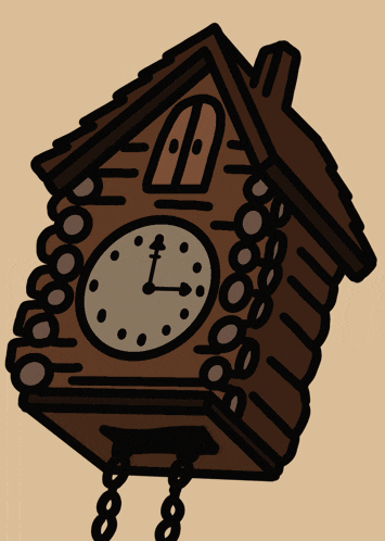 a cartoon drawing of a cuckoo clock that shows the time as 5:00