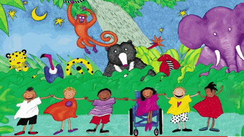 a group of children are holding hands in front of animals