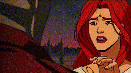a cartoon of a woman with red hair making a face