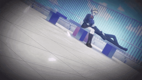 a girl sits on a blue bench with her legs crossed