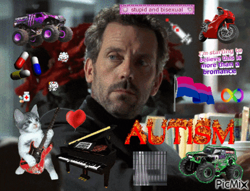 a picture of a man with the word autism in red
