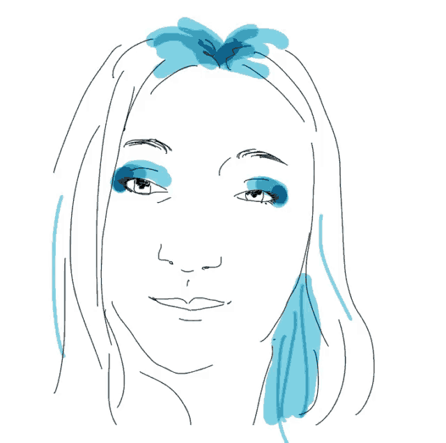 a drawing of a woman 's face with blue hair