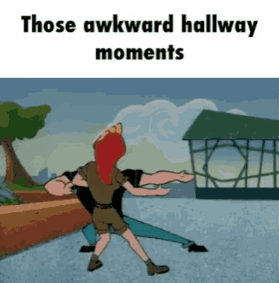 a cartoon of a man carrying another man on his back with the caption those awkward hallway moments