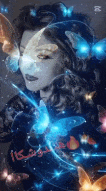 a painting of a woman with butterflies surrounding her face .
