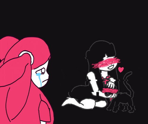 a drawing of a girl with blindfolds on her eyes holding a cat