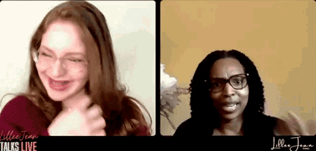 two women are having a conversation on a video call . one of the women is wearing glasses .