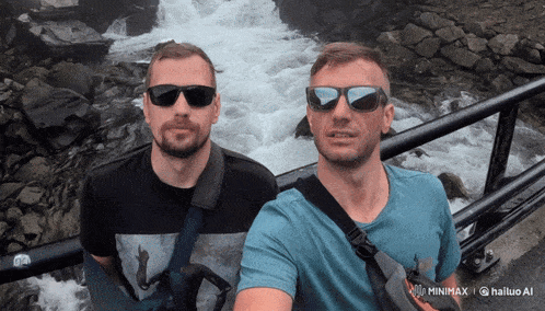 two men wearing sunglasses are standing next to each other in front of a waterfall with the words minimax on the bottom