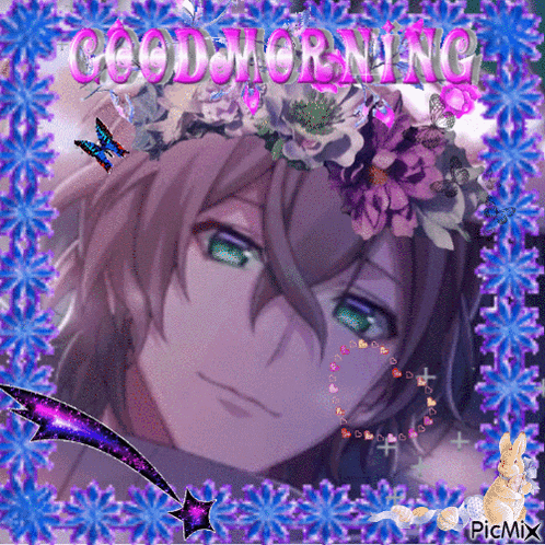 a picture of a boy with a flower crown on his head and the words good morning