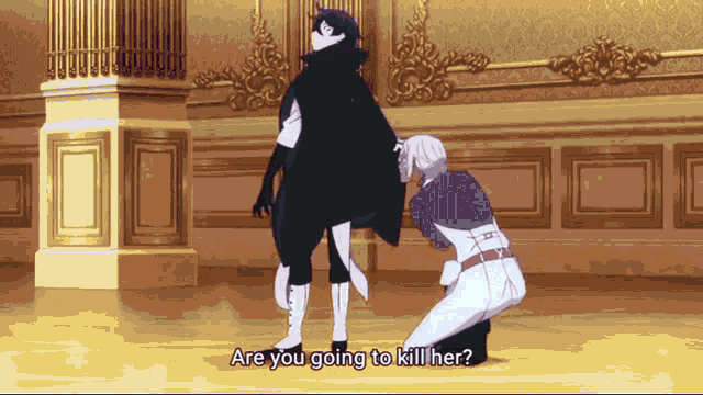 a man kneeling down next to another man with the words " are you going to kill her " on the bottom