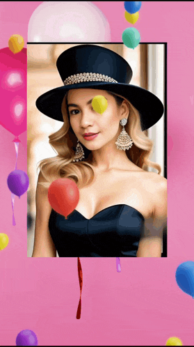 a woman wearing a top hat and earrings is surrounded by balloons