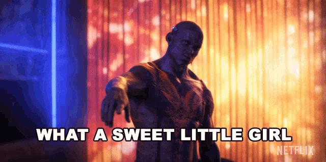 a man in a costume says what a sweet little girl netflix