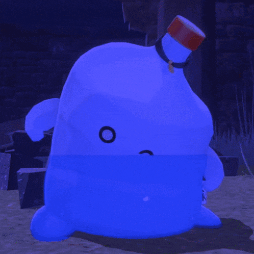 a cartoon character with a sad face and a bottle on its head