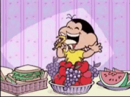 a cartoon of a boy eating a banana in front of a bowl of fruit