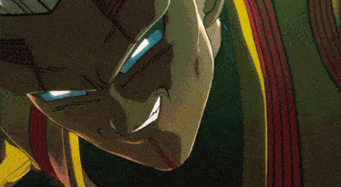 a cartoon of a man with white hair and red and yellow armor
