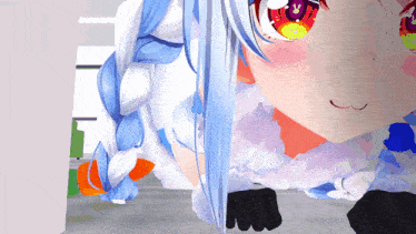 a close up of a 3d anime character with blue hair and red eyes