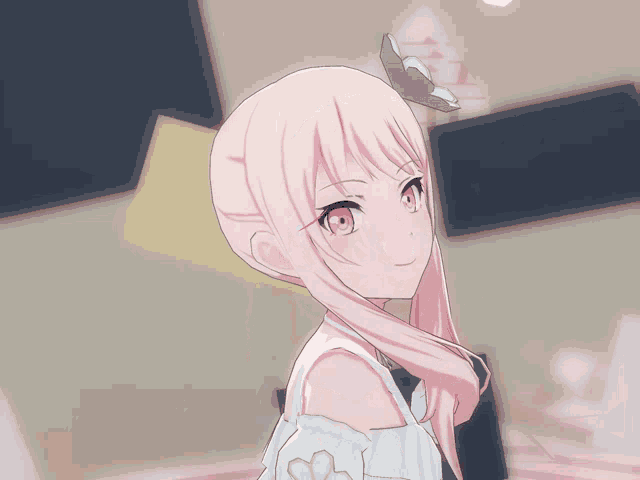 a girl with pink hair and a butterfly on her head