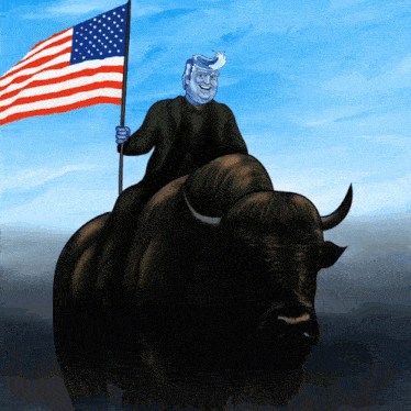 a cartoon of donald trump riding a bull while holding an american flag