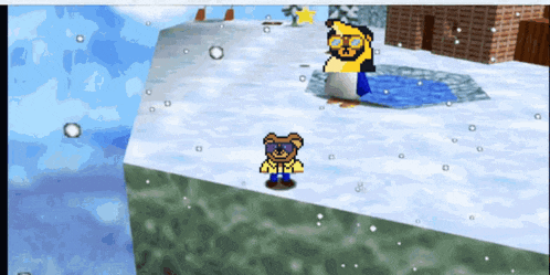 a video game shows a penguin and a bear in the snow