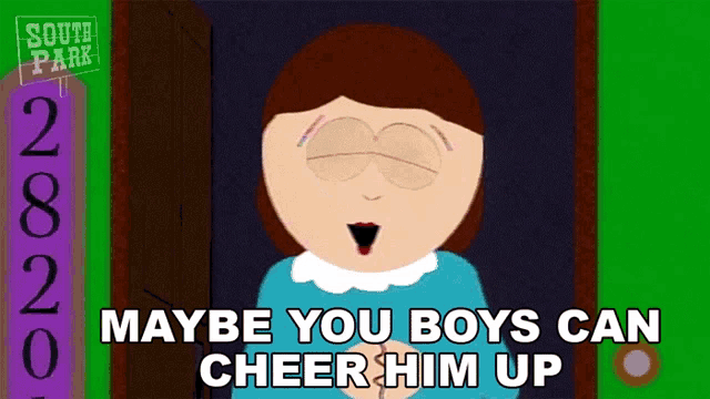 a cartoon of a woman saying maybe you boys can cheer him up
