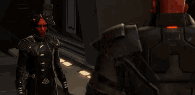 a video game character with a red face and horns is pointing at another character
