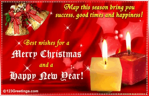 a merry christmas and happy new year card with candles and bells