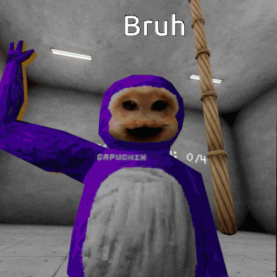 a purple monkey with the word bruh written on it