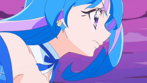 a close up of a blue haired anime character with purple eyes