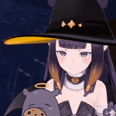 a girl in a witch hat is holding a hippo