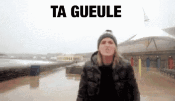 a man is standing in front of a body of water with the words ta gueule written above him