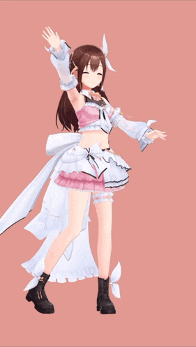 a girl in a pink and white dress with black boots