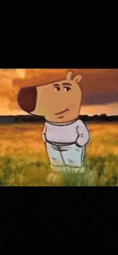 a cartoon character is standing in a field with a man in the background