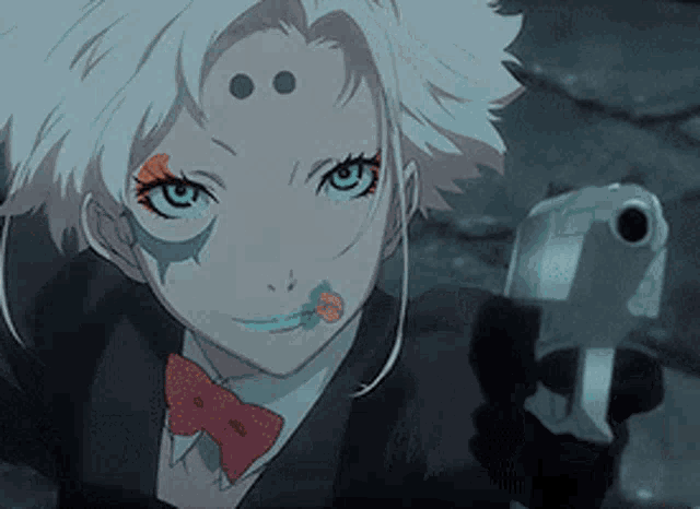 a girl with white hair is holding a gun in her hand