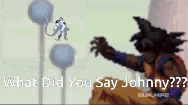 a cartoon of goku and frieza with the words " what did you say johnny " on the bottom